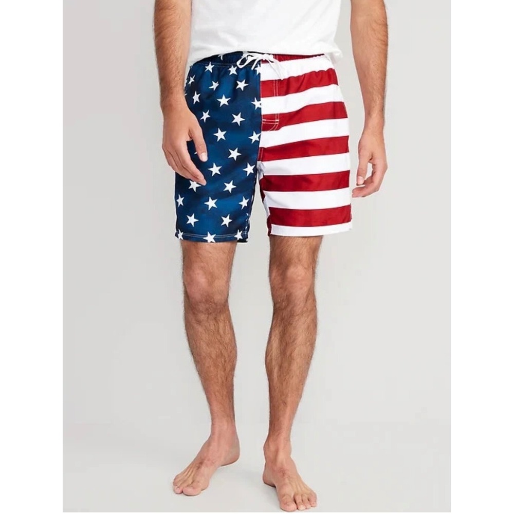 Old Navy Mens American Flag Swim Trunks Stars and Stripes 7 Inch Inseam XL NEW